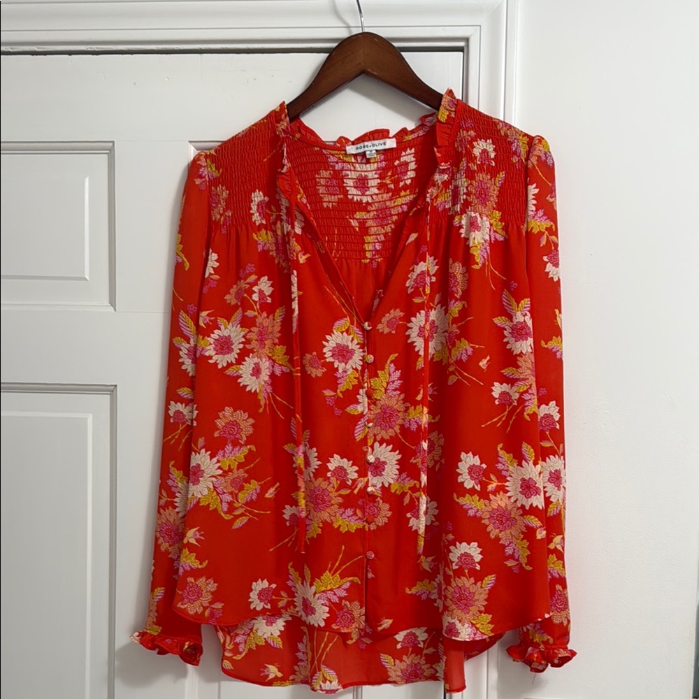 Floral Orange  Blouse with tie v-neck then button down.  Size Medium